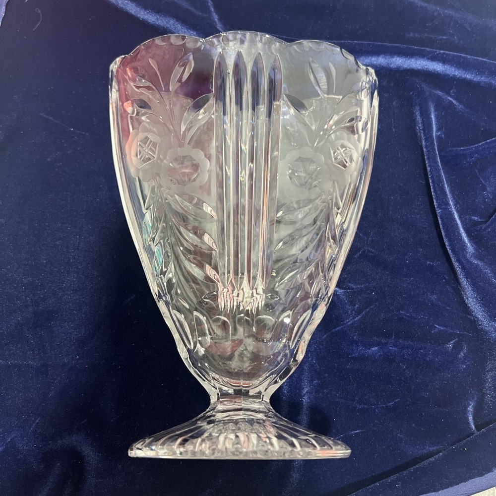 Vintage Etched Fan Colony Crystal Fan Vase‎ Flat Sides Floral